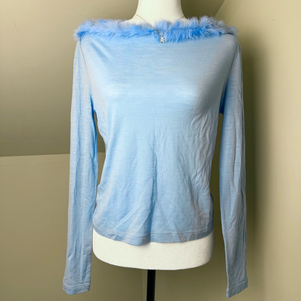Moschino Pastel Blue Fur Trim Top Long Sleeve Size‎ 10 USA Made in Italy - Picture 10 of 10